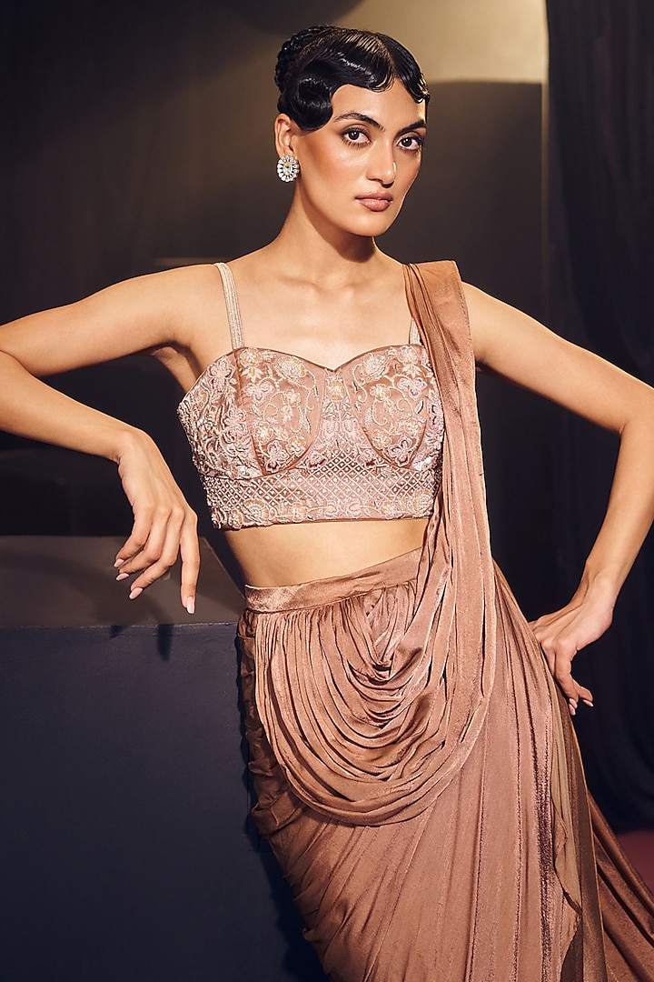 Dark Nude Tissue Organza Silk & Satin Silk Pre-Draped Wedding Saree Set by Suruchi Parakh at Pernia's Pop Up Shop