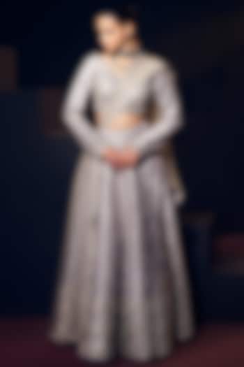 Grey Tissue Organza Silk Sequins Work Wedding Lehenga Set by Suruchi Parakh at Pernia's Pop Up Shop