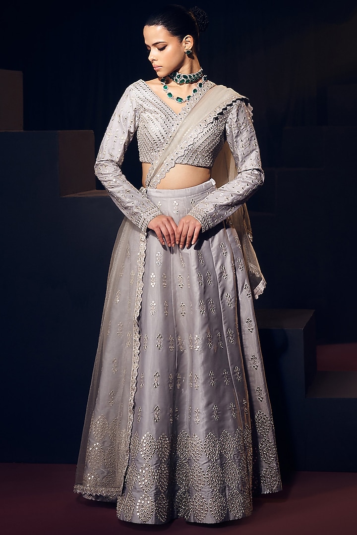Grey Tissue Organza Silk Sequins Work Wedding Lehenga Set by Suruchi Parakh at Pernia's Pop Up Shop