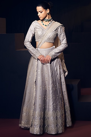 Grey Tissue Organza Silk Sequins Work Lehenga Set by Suruchi Parakh