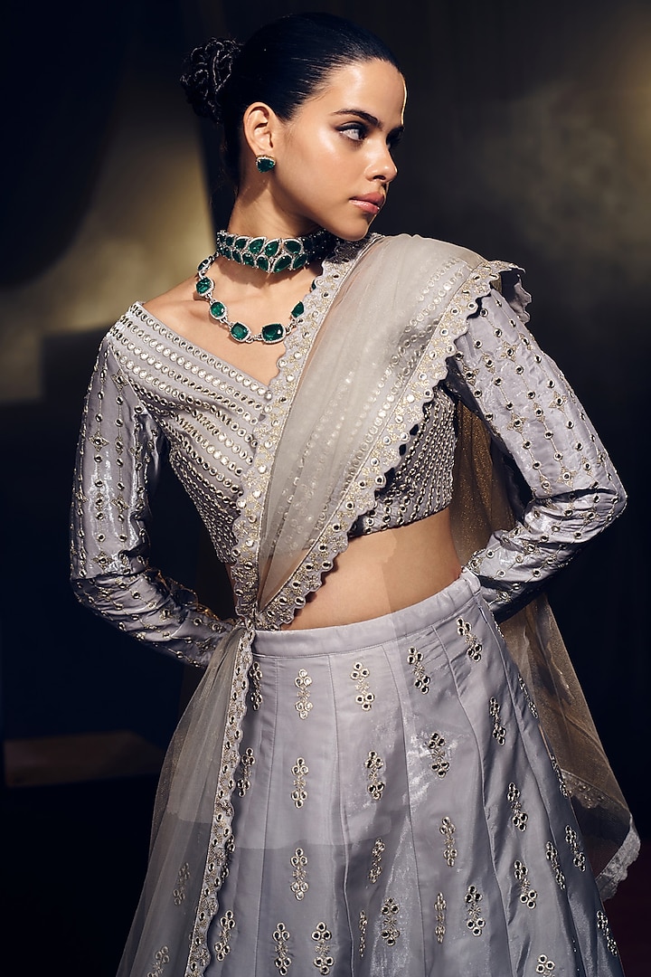 Grey Tissue Organza Silk Sequins Work Wedding Lehenga Set by Suruchi Parakh at Pernia's Pop Up Shop