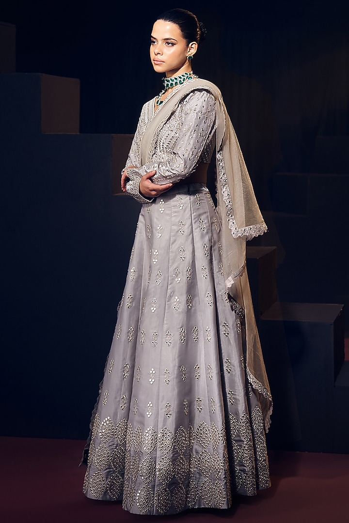 Grey Tissue Organza Silk Sequins Work Wedding Lehenga Set by Suruchi Parakh at Pernia's Pop Up Shop