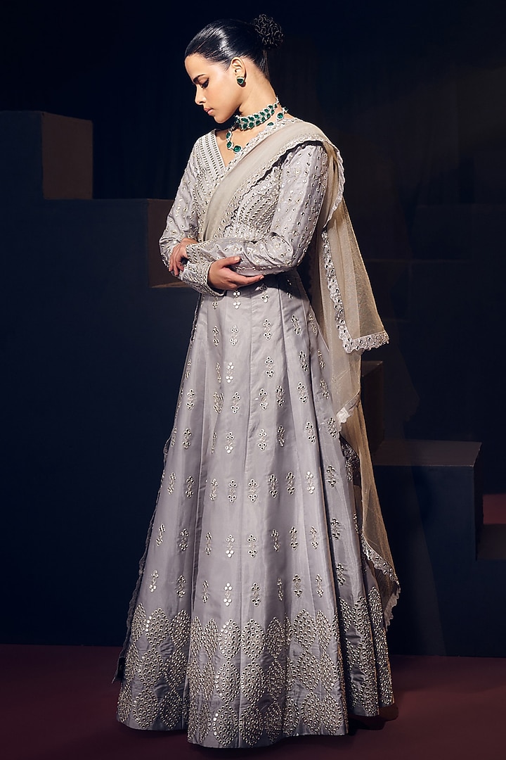 Grey Tissue Organza Silk Sequins Work Wedding Lehenga Set by Suruchi Parakh at Pernia's Pop Up Shop