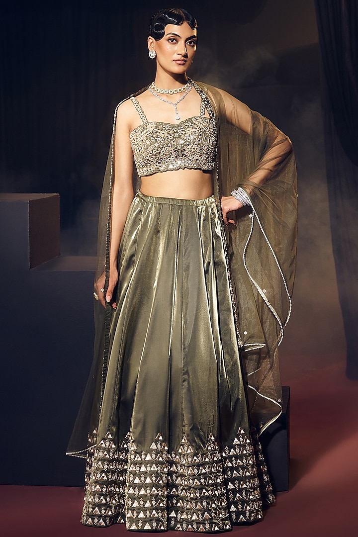 Green Tissue Organza Silk Mirror Work Wedding Lehenga Set by Suruchi Parakh at Pernia's Pop Up Shop