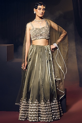 Green Tissue Organza Silk Mirror Work Lehenga Set by Suruchi Parakh