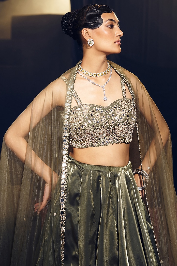 Green Tissue Organza Silk Mirror Work Wedding Lehenga Set by Suruchi Parakh at Pernia's Pop Up Shop