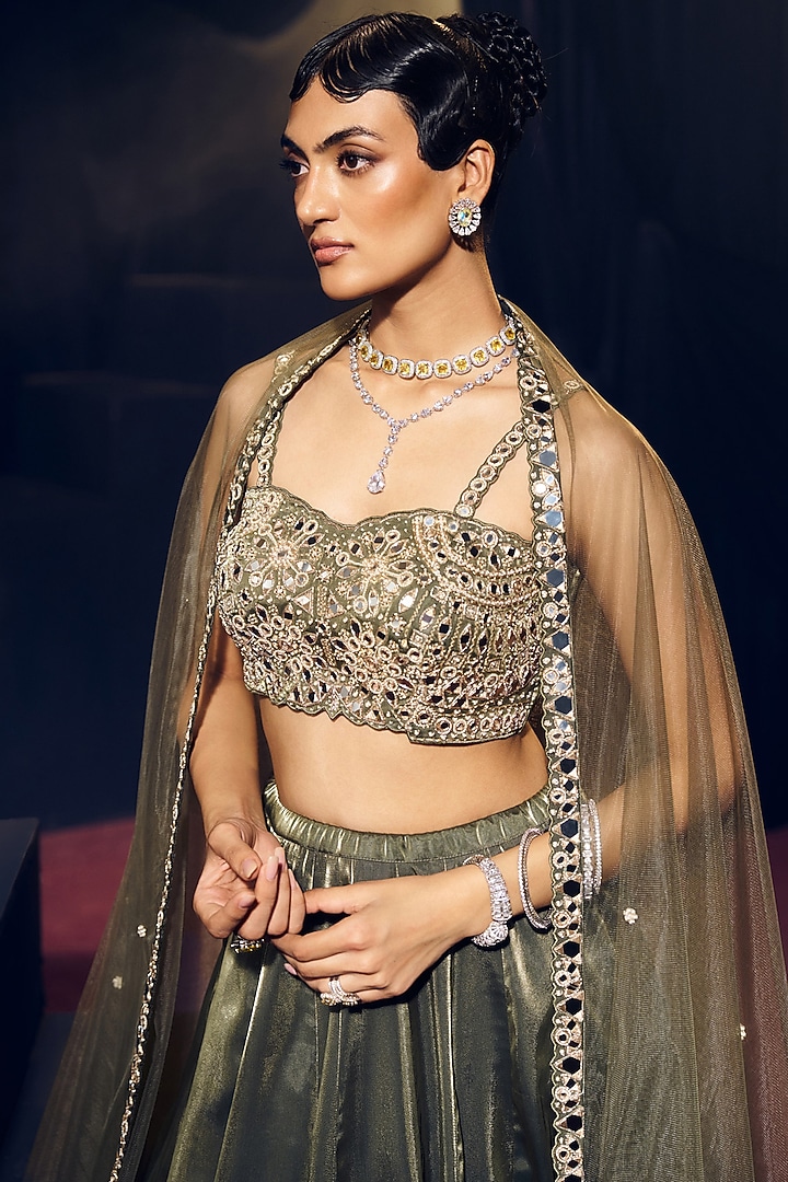 Green Tissue Organza Silk Mirror Work Wedding Lehenga Set by Suruchi Parakh at Pernia's Pop Up Shop