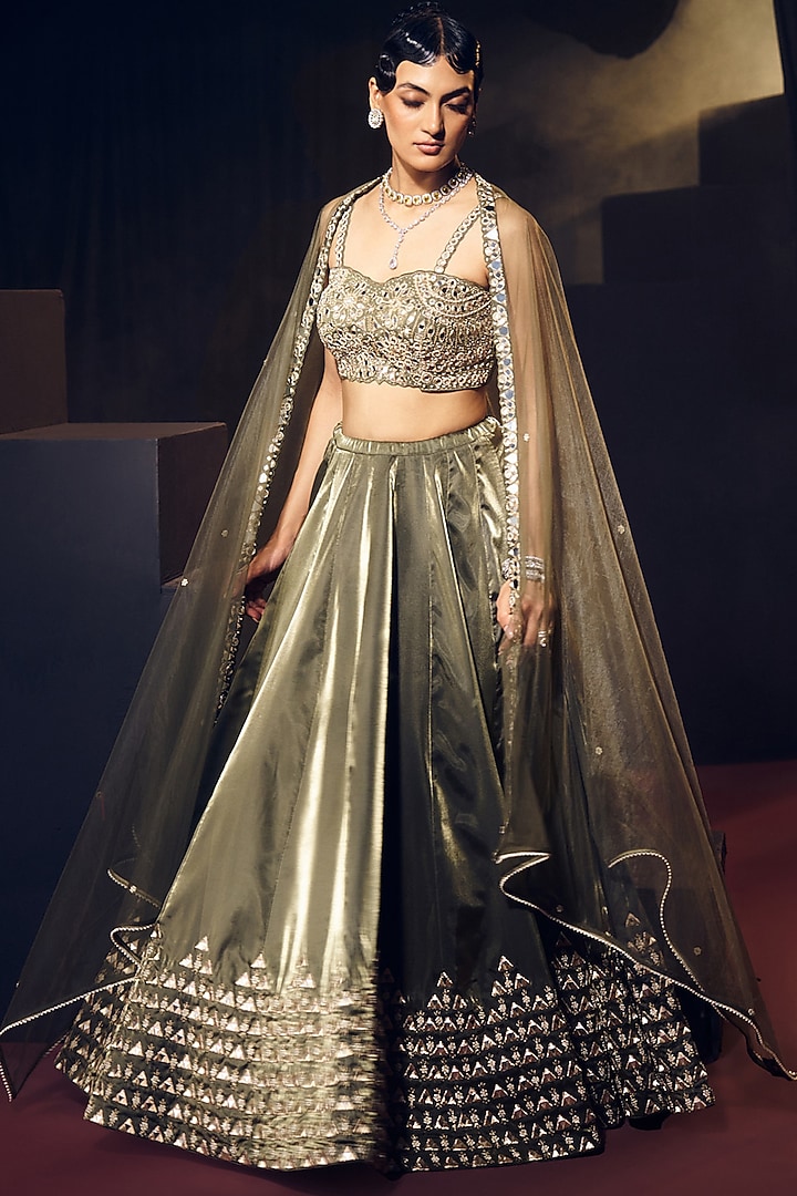 Green Tissue Organza Silk Mirror Work Wedding Lehenga Set by Suruchi Parakh at Pernia's Pop Up Shop