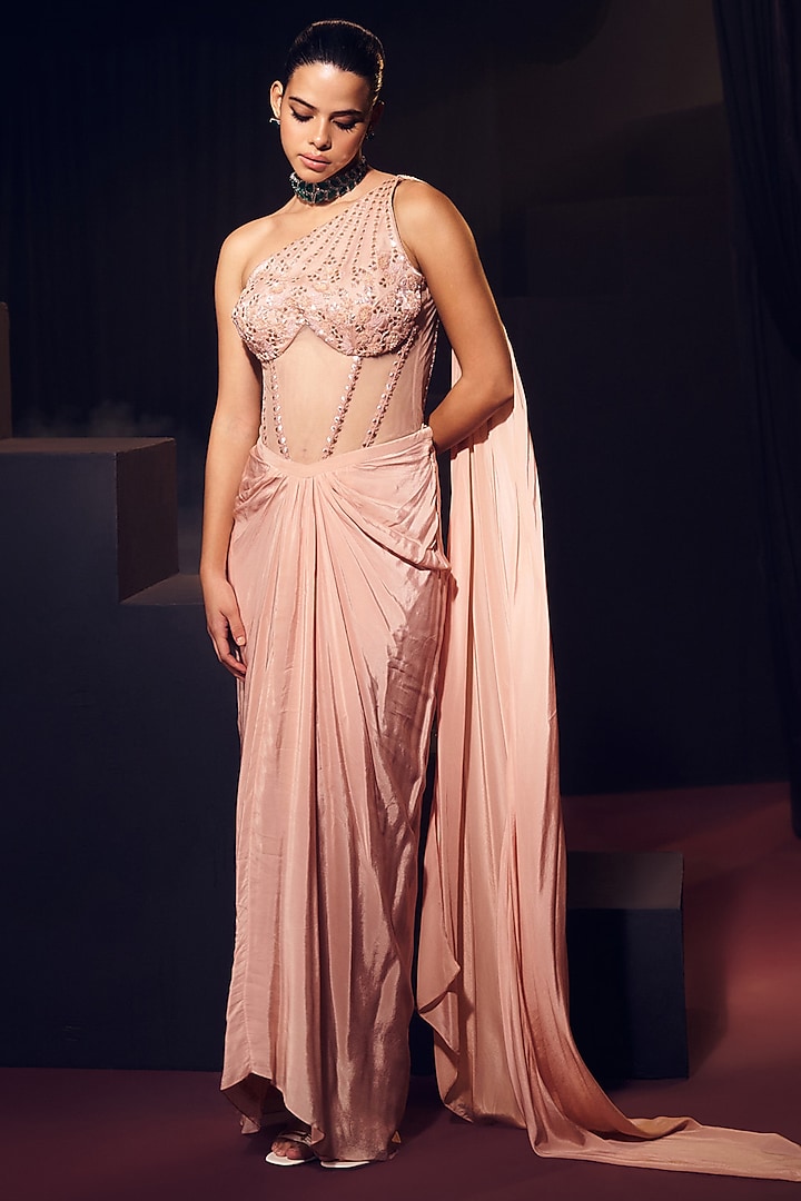 Pink Tissue Organza Silk Draped Skirt Set by Suruchi Parakh at Pernia's Pop Up Shop