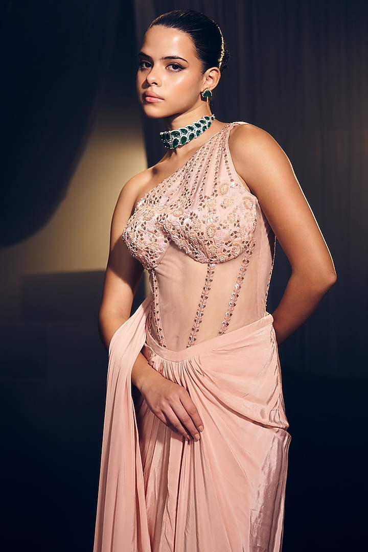 Pink Tissue Organza Silk Draped Skirt Set by Suruchi Parakh at Pernia's Pop Up Shop