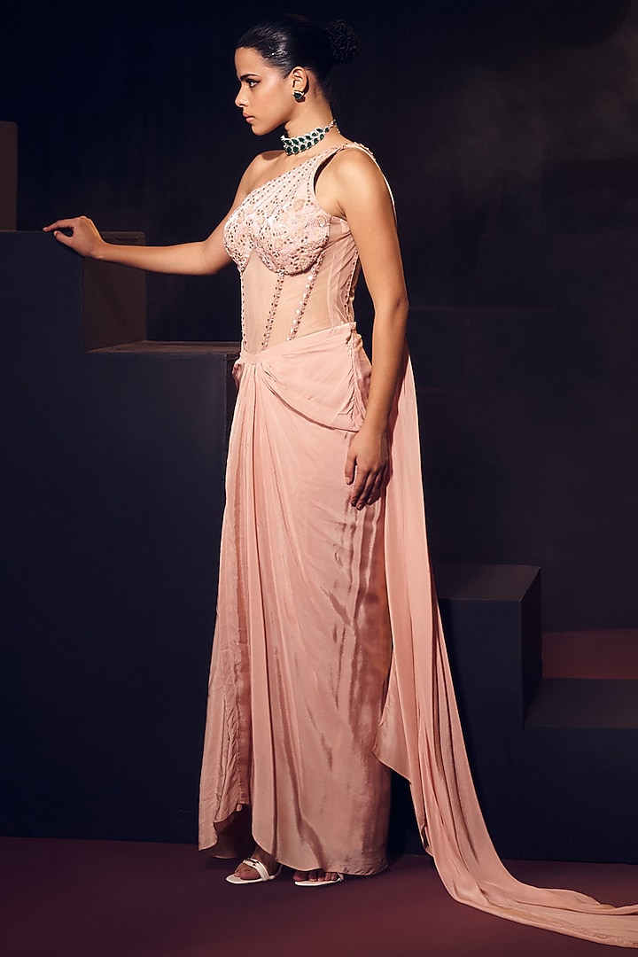 Pink Tissue Organza Silk Draped Skirt Set by Suruchi Parakh at Pernia's Pop Up Shop
