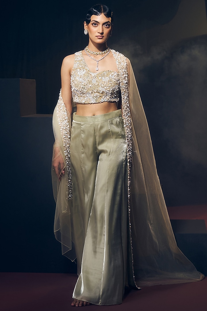 Sea Green Tissue Organza Silk & Net Pant Set by Suruchi Parakh at Pernia's Pop Up Shop