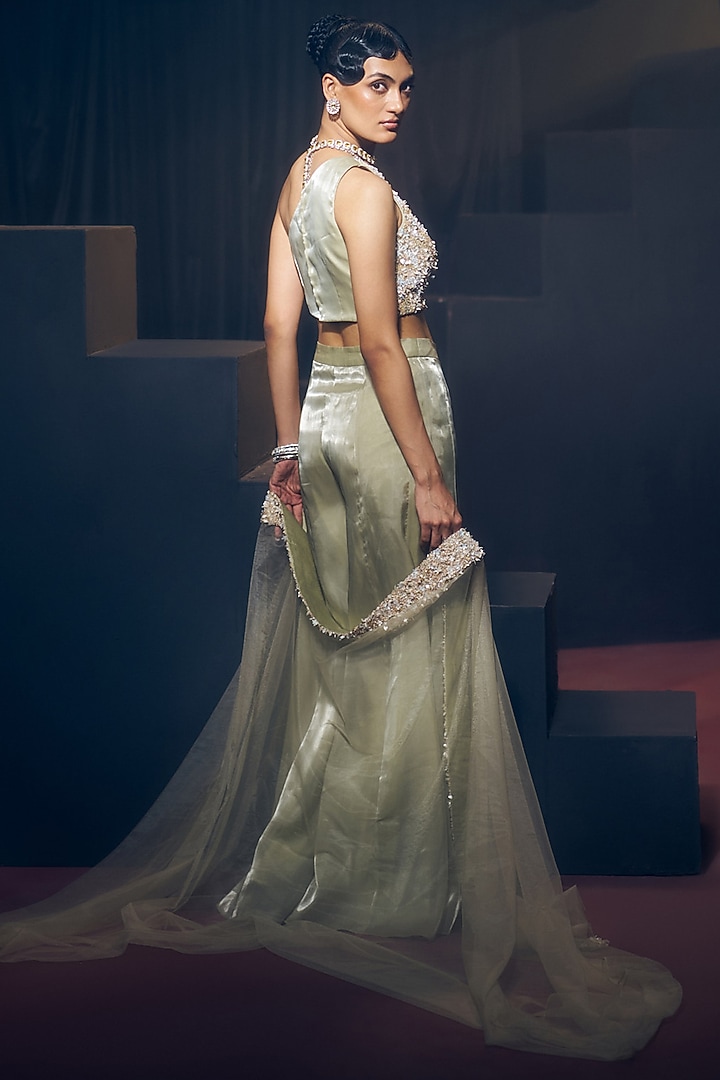 Sea Green Tissue Organza Silk & Net Pant Set by Suruchi Parakh at Pernia's Pop Up Shop