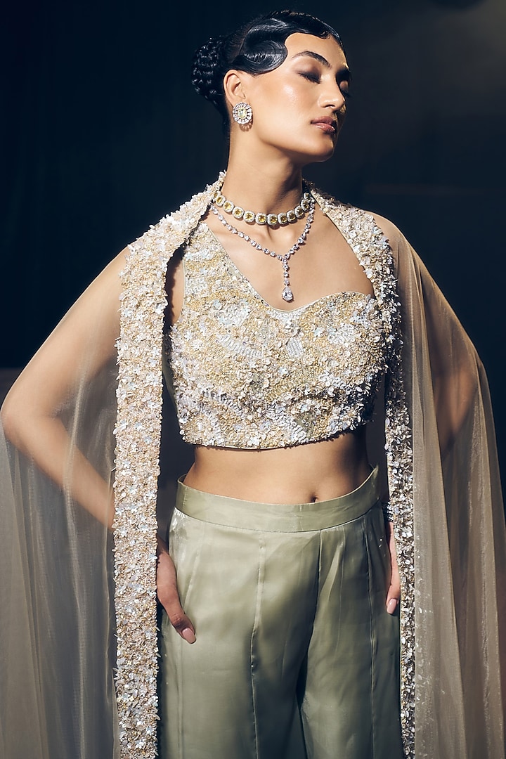 Sea Green Tissue Organza Silk & Net Pant Set by Suruchi Parakh at Pernia's Pop Up Shop