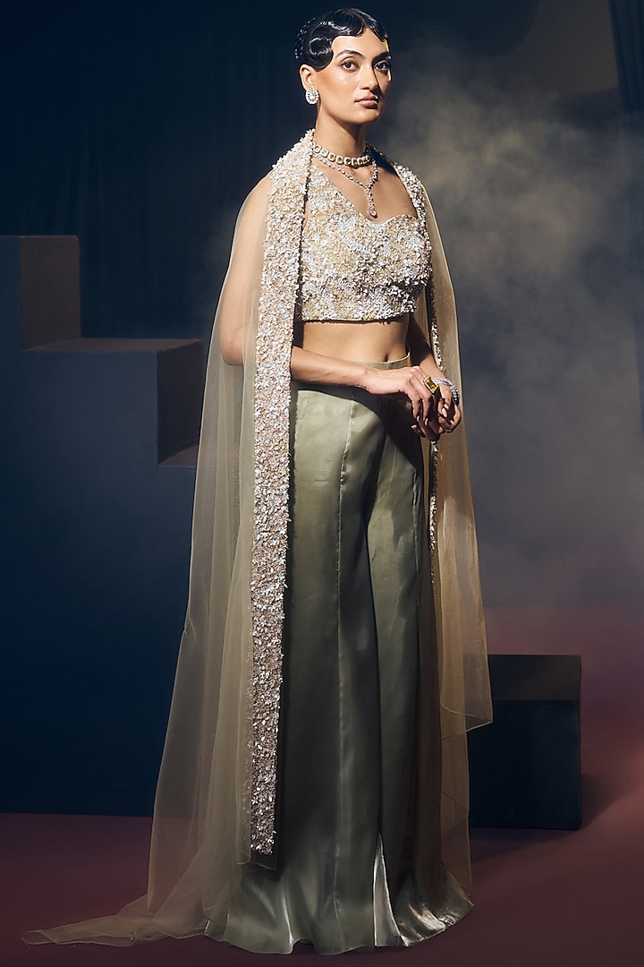 Sea Green Tissue Organza Silk & Net Pant Set by Suruchi Parakh at Pernia's Pop Up Shop