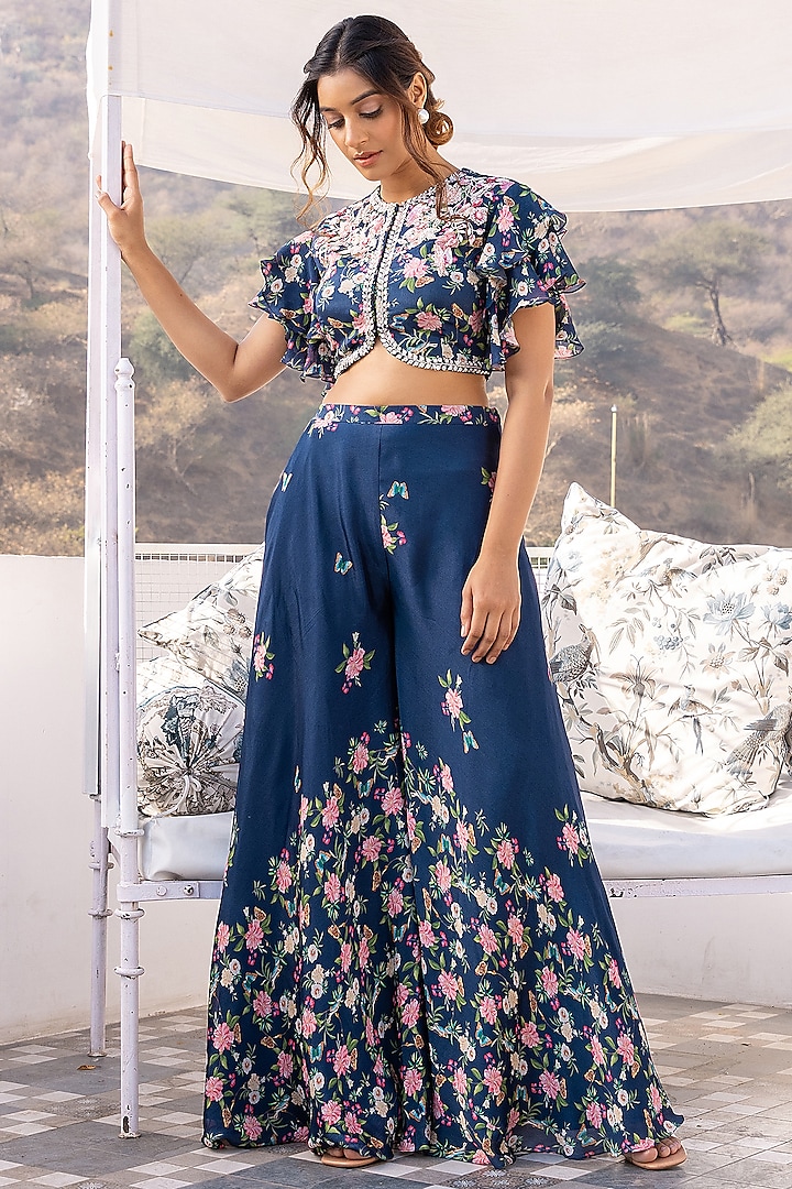 Blue Crepe Georgette Embroidered Pant Set by Suruchi Parakh