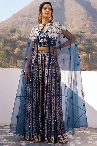 Blue Net Embroidered Cape Set by Suruchi Parakh
