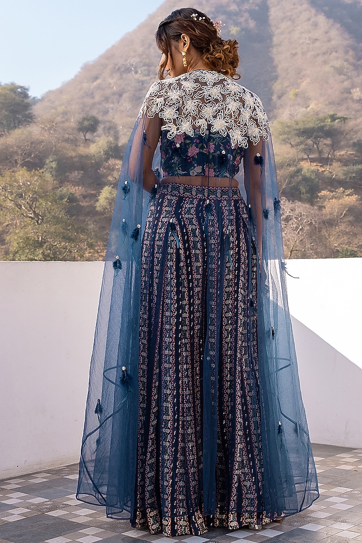 Blue Net Embroidered Cape Set by Suruchi Parakh at Pernia's Pop Up Shop
