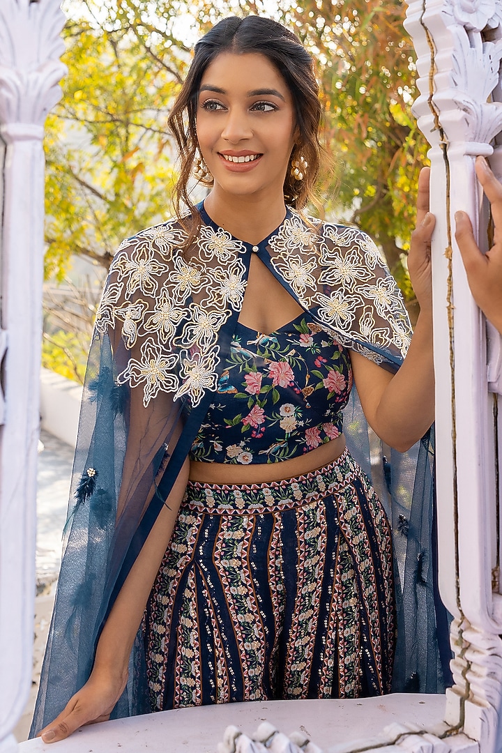 Blue Net Embroidered Cape Set by Suruchi Parakh at Pernia's Pop Up Shop
