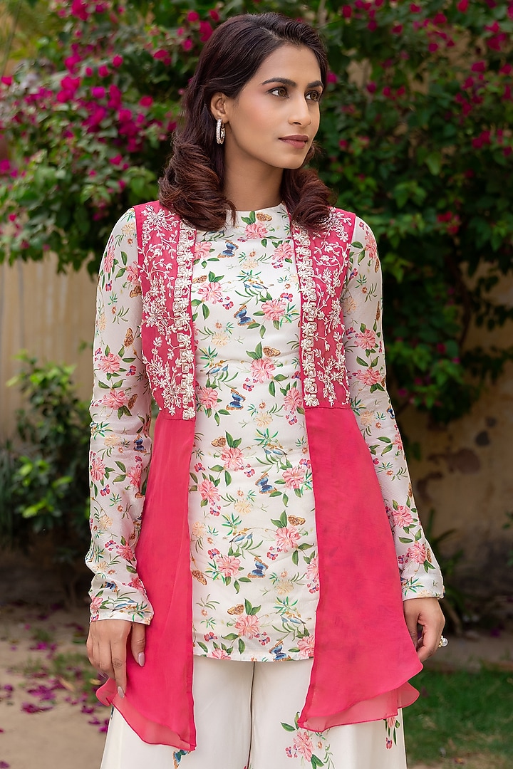 Off-White Georgette Crepe Embroidered Party Wear Sharara Set by Suruchi Parakh at Pernia's Pop Up Shop