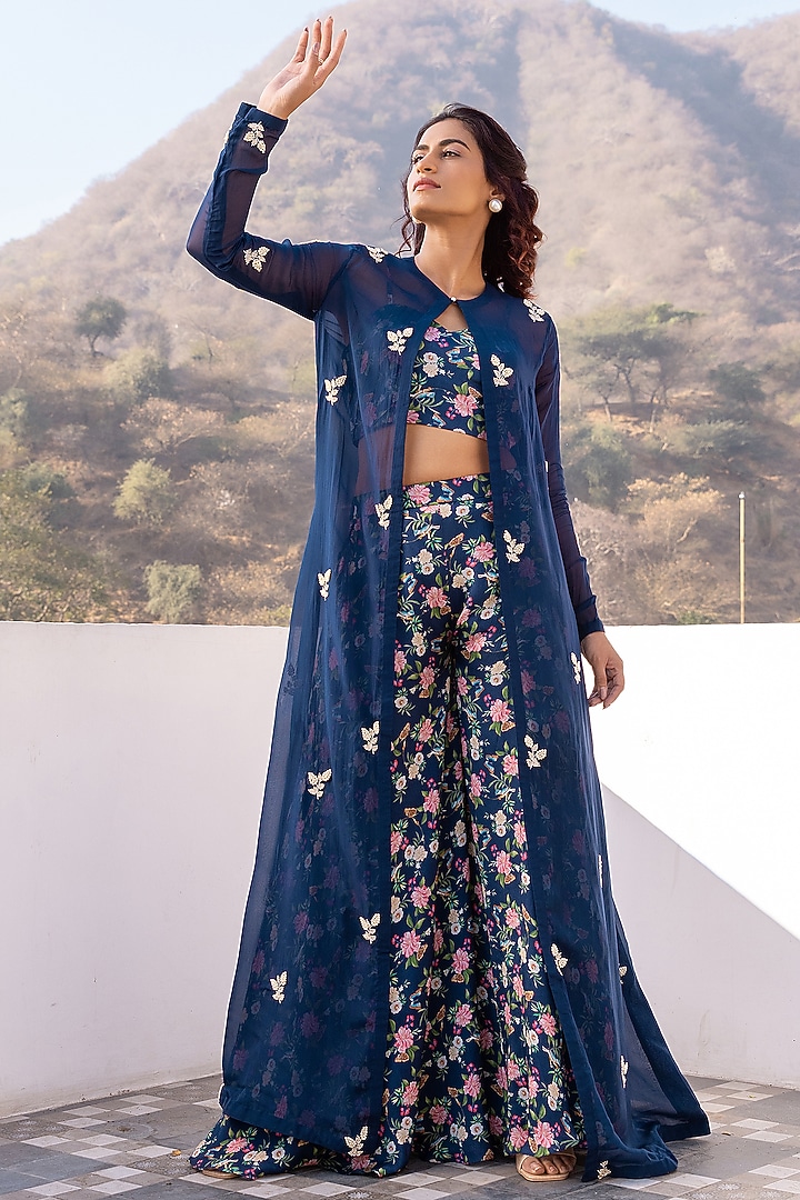 Blue Georgette Crepe Embroidered Jacket Set by Suruchi Parakh at Pernia's Pop Up Shop