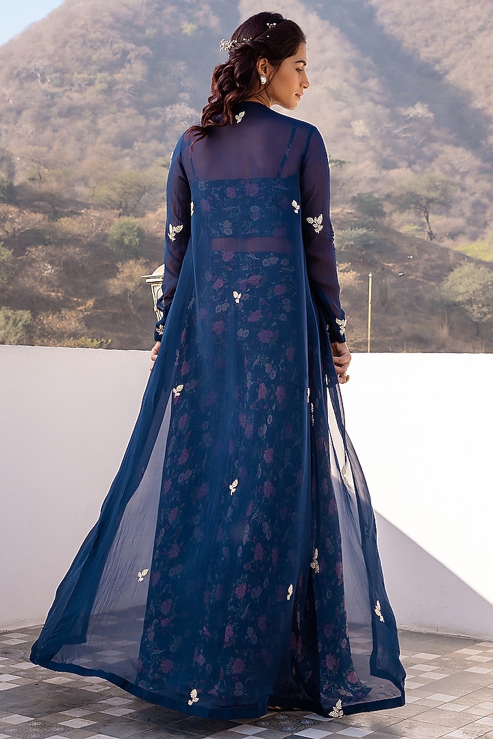 Blue Georgette Crepe Embroidered Jacket Set by Suruchi Parakh at Pernia's Pop Up Shop