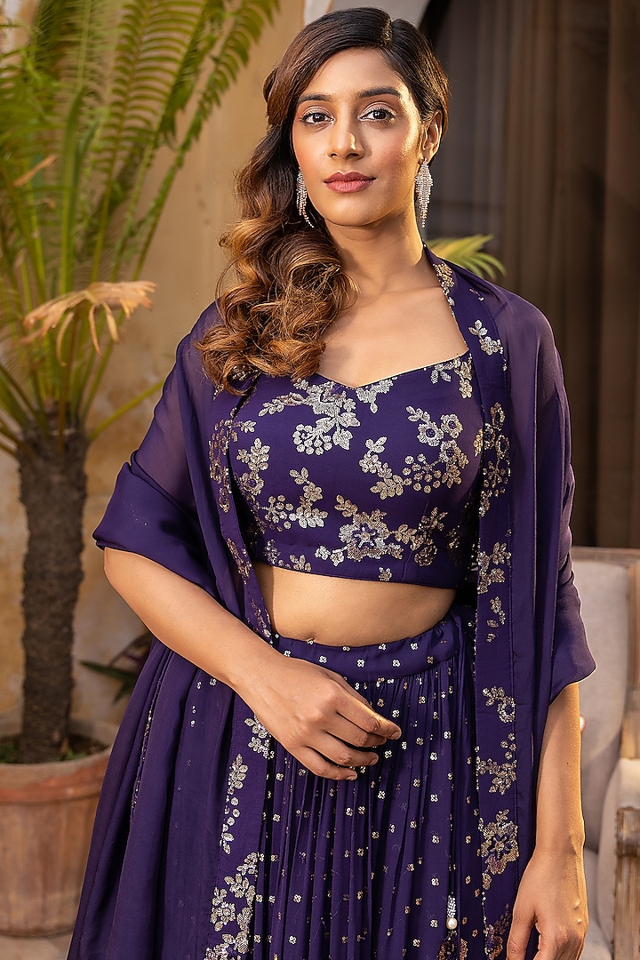 Purple Georgette Embroidered Wedding Lehenga Set by Suruchi Parakh at Pernia's Pop Up Shop