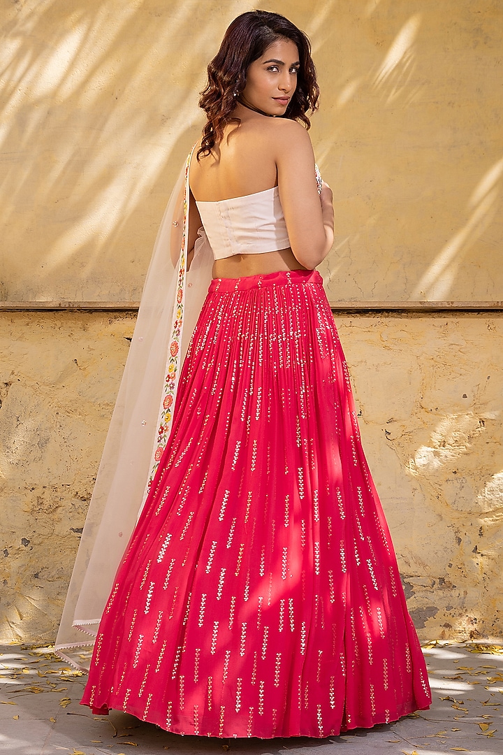 Coral Georgette Crepe Hand Embroidered Wedding Lehenga Set by Suruchi Parakh at Pernia's Pop Up Shop