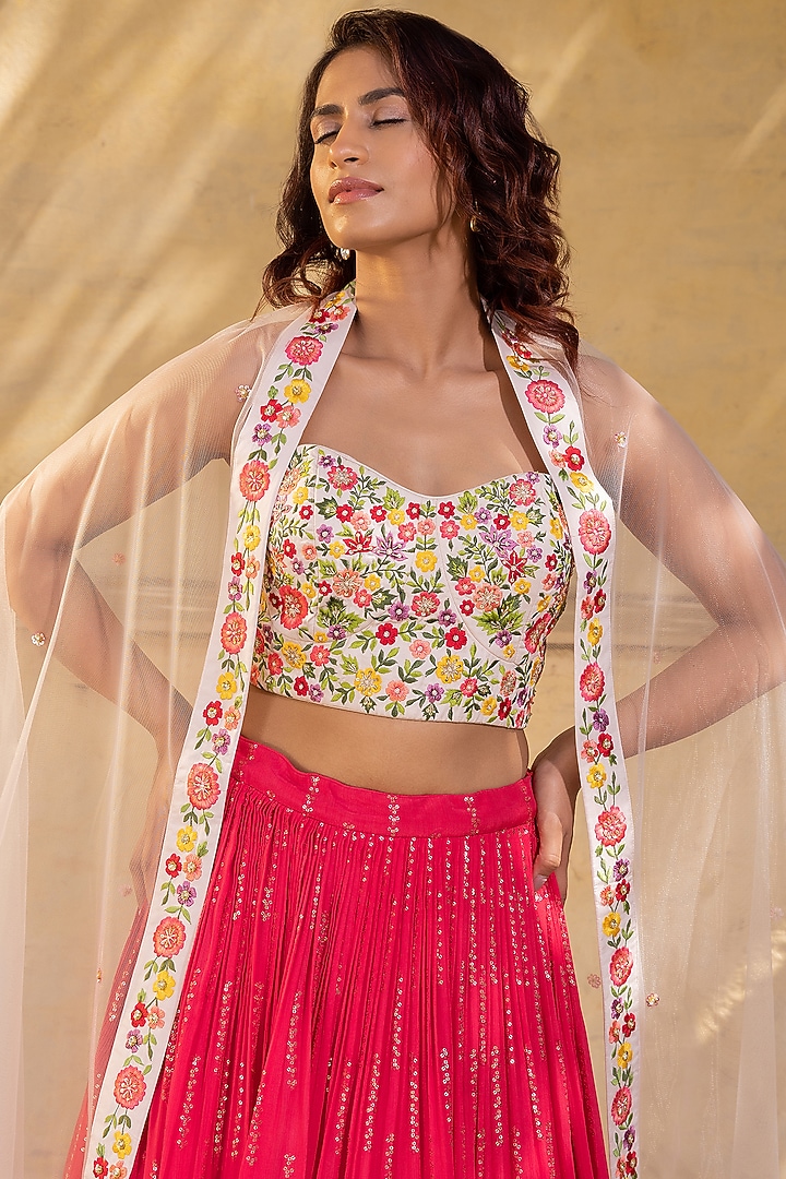 Coral Georgette Crepe Hand Embroidered Wedding Lehenga Set by Suruchi Parakh at Pernia's Pop Up Shop