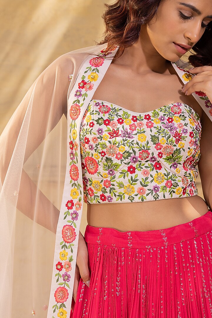Coral Georgette Crepe Hand Embroidered Wedding Lehenga Set by Suruchi Parakh at Pernia's Pop Up Shop