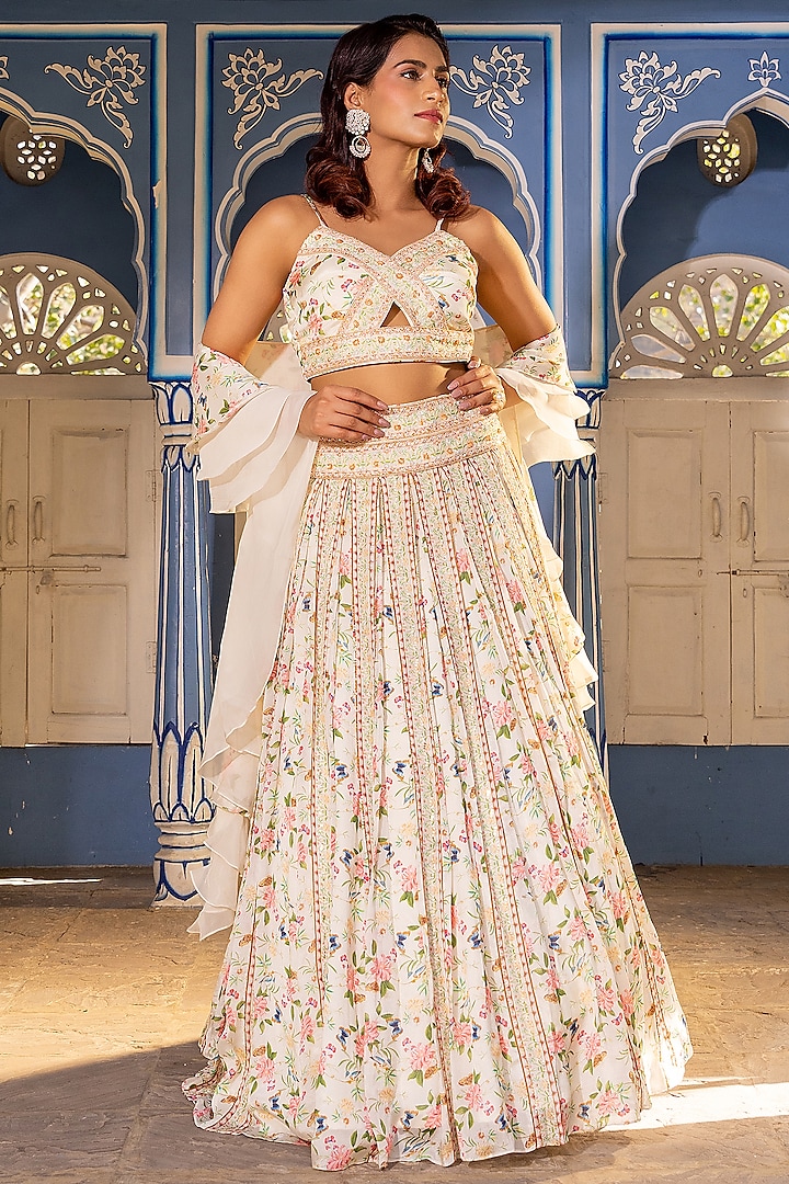 Off-White Georgette Crepe & Organza Embroidered Lehenga Set by Suruchi Parakh