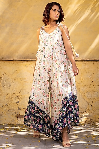 Off-White & Navy Blue Georgette Crepe Printed Jumpsuit by Suruchi Parakh