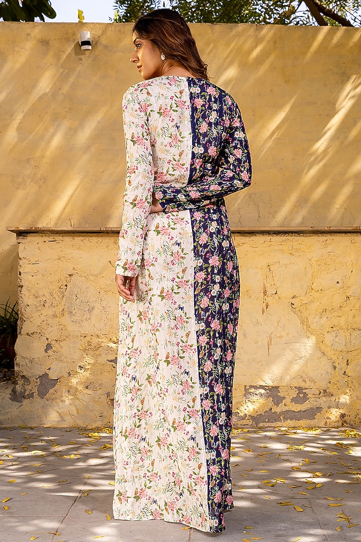 Off White & Navy Blue Georgette Crepe Twisted Vacation Dress by Suruchi Parakh at Pernia's Pop Up Shop