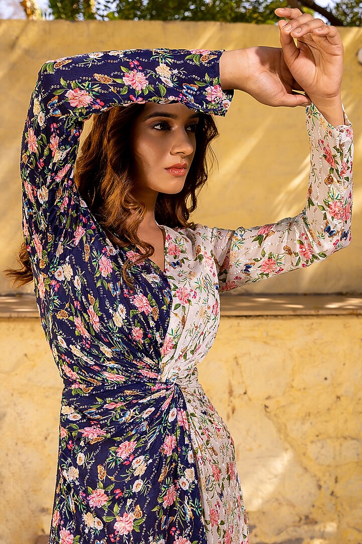 Off White & Navy Blue Georgette Crepe Twisted Vacation Dress by Suruchi Parakh at Pernia's Pop Up Shop