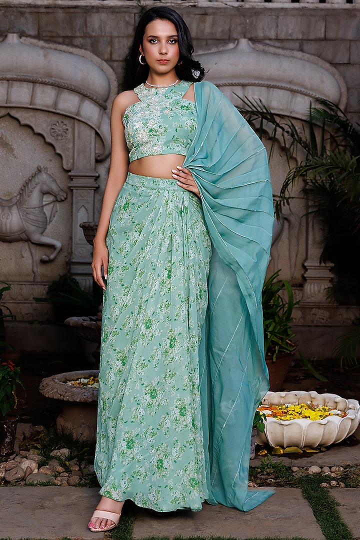 Green Organza Embroidered Draped Skirt Saree Set by Suruchi Parakh