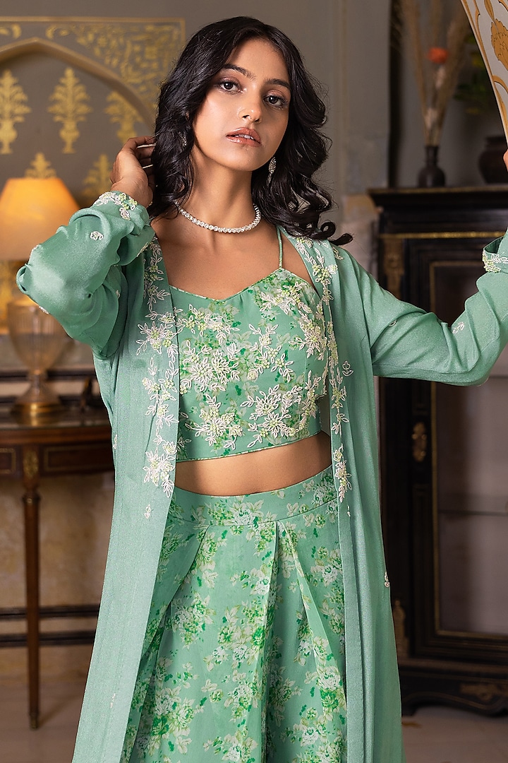 Green Georgette Hand Embroidered Jacket Set by Suruchi Parakh at Pernia's Pop Up Shop