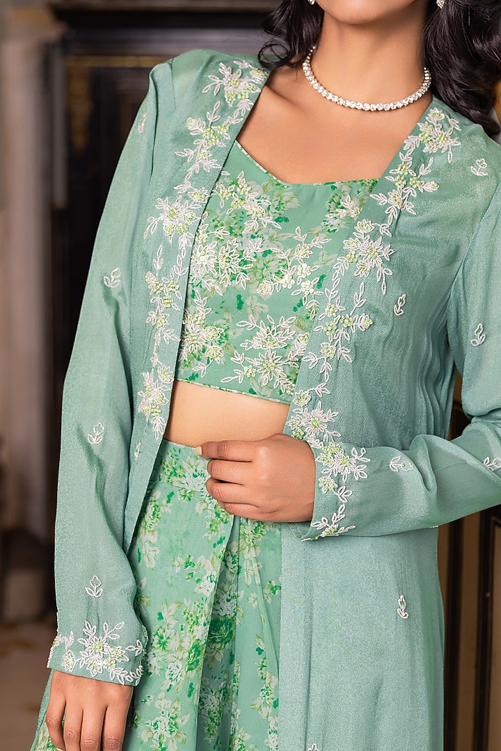 Green Georgette Hand Embroidered Jacket Set by Suruchi Parakh at Pernia's Pop Up Shop