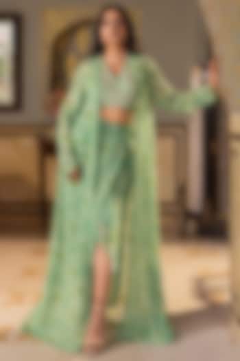 Green Georgette Draped Skirt Set by Suruchi Parakh