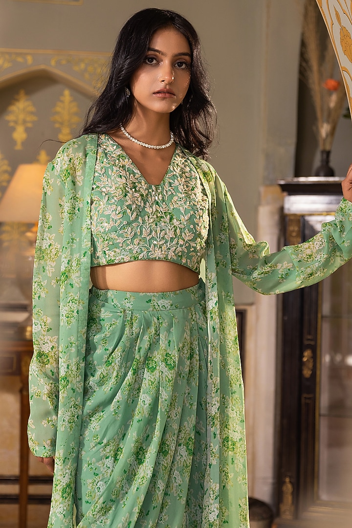 Green Georgette Draped Skirt Set by Suruchi Parakh at Pernia's Pop Up Shop