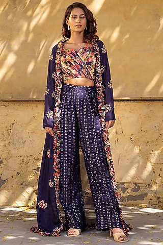 Purple Georgette Embroidered Jacket Set by Suruchi Parakh