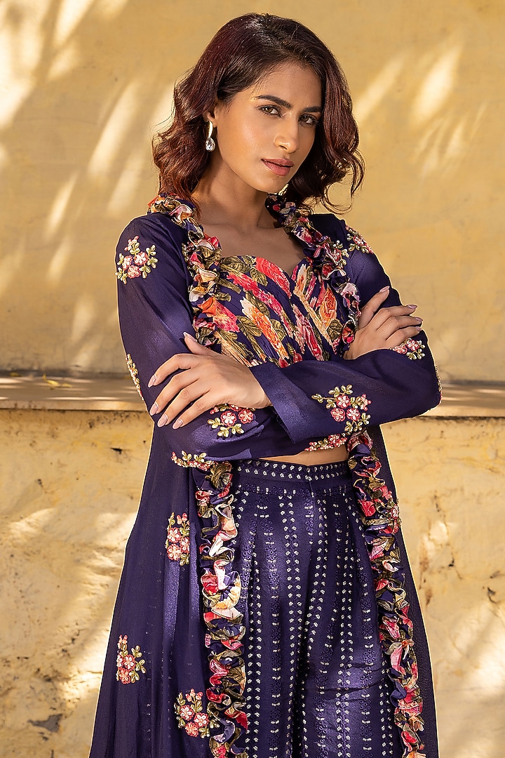 Purple Georgette Embroidered Jacket Set by Suruchi Parakh at Pernia's Pop Up Shop