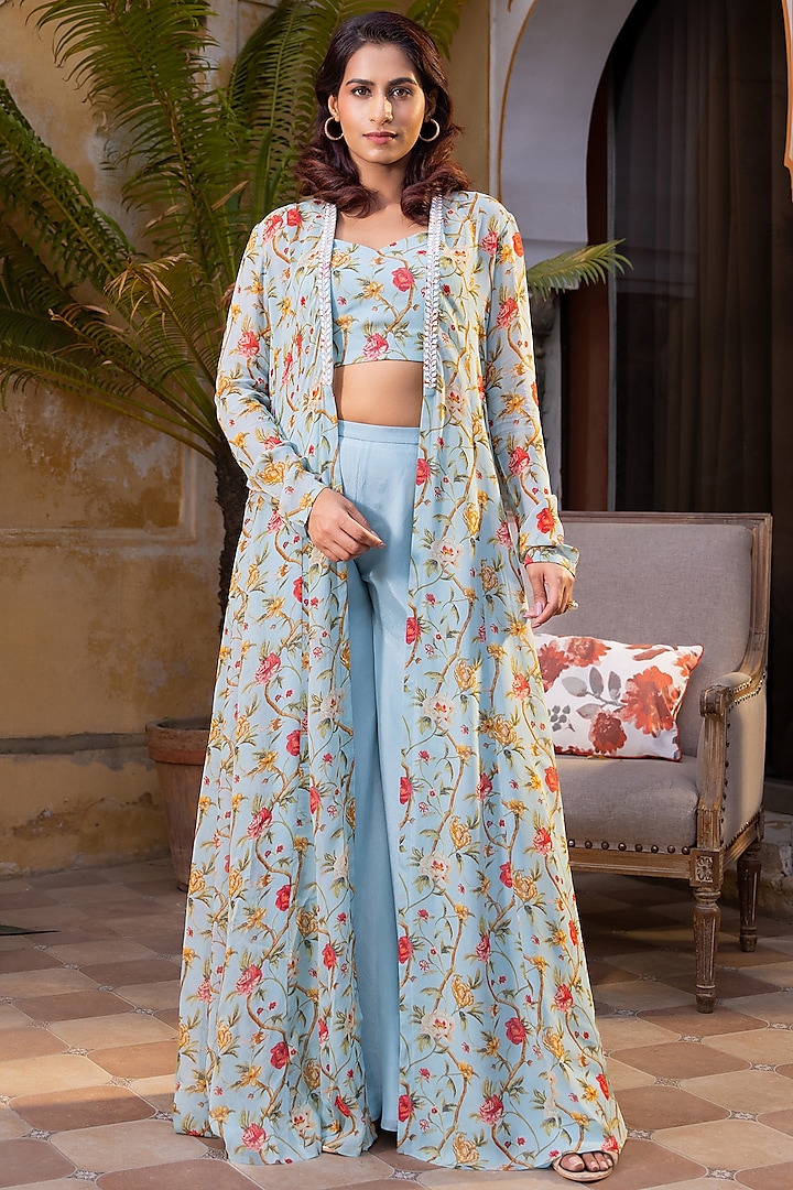 Light Blue Georgette Embroidered Jacket Set by Suruchi Parakh at Pernia's Pop Up Shop