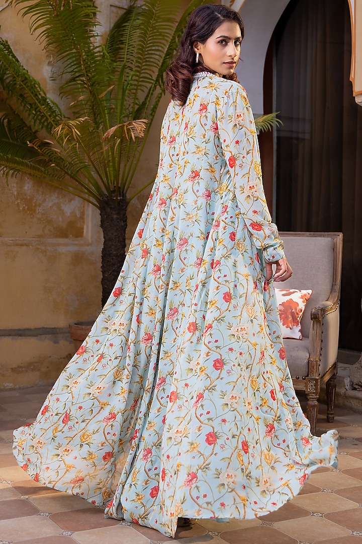Light Blue Georgette Embroidered Jacket Set by Suruchi Parakh at Pernia's Pop Up Shop