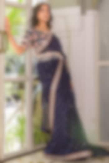 Navy Blue Organza Party Wear Saree Set by Suruchi Parakh at Pernia's Pop Up Shop