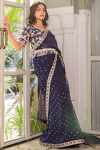 Navy Blue Organza Saree Set by Suruchi Parakh