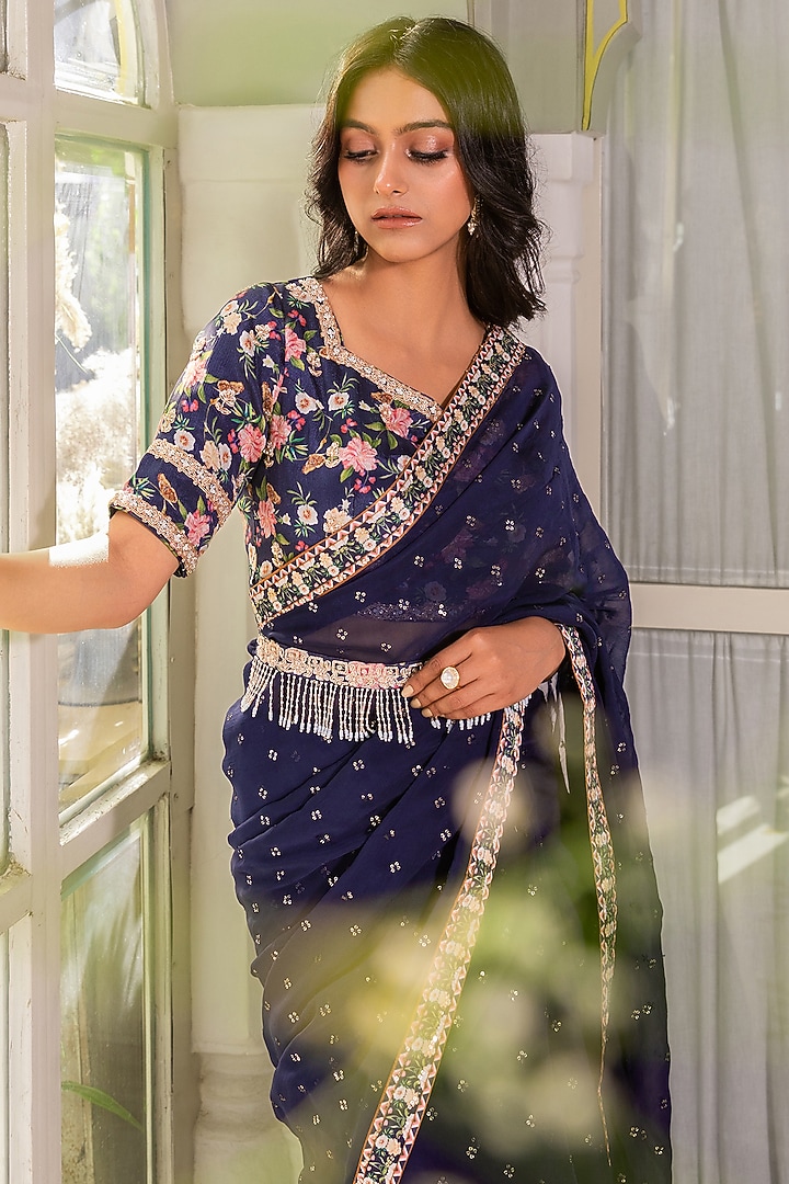 Navy Blue Organza Party Wear Saree Set by Suruchi Parakh at Pernia's Pop Up Shop