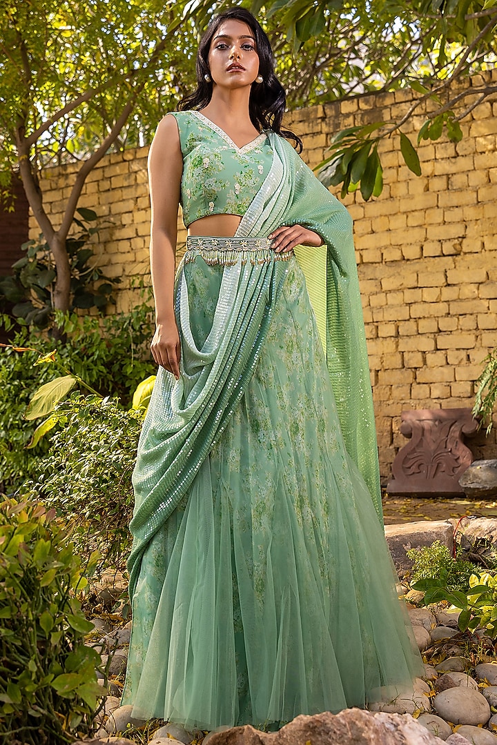 Green Georgette Pre-Draped Skirt Saree Set by Suruchi Parakh