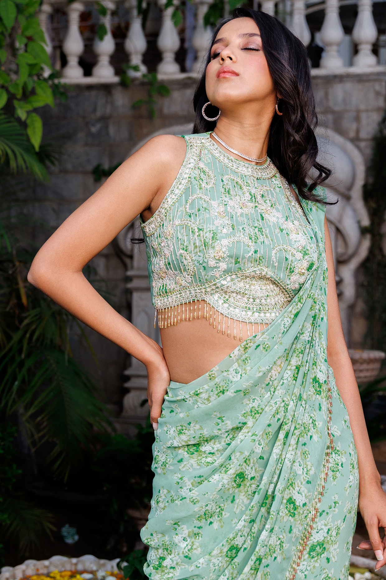Chikankari Fishcut Saree, Pre stitched Saree, chikankari blouse – Monk & Mei