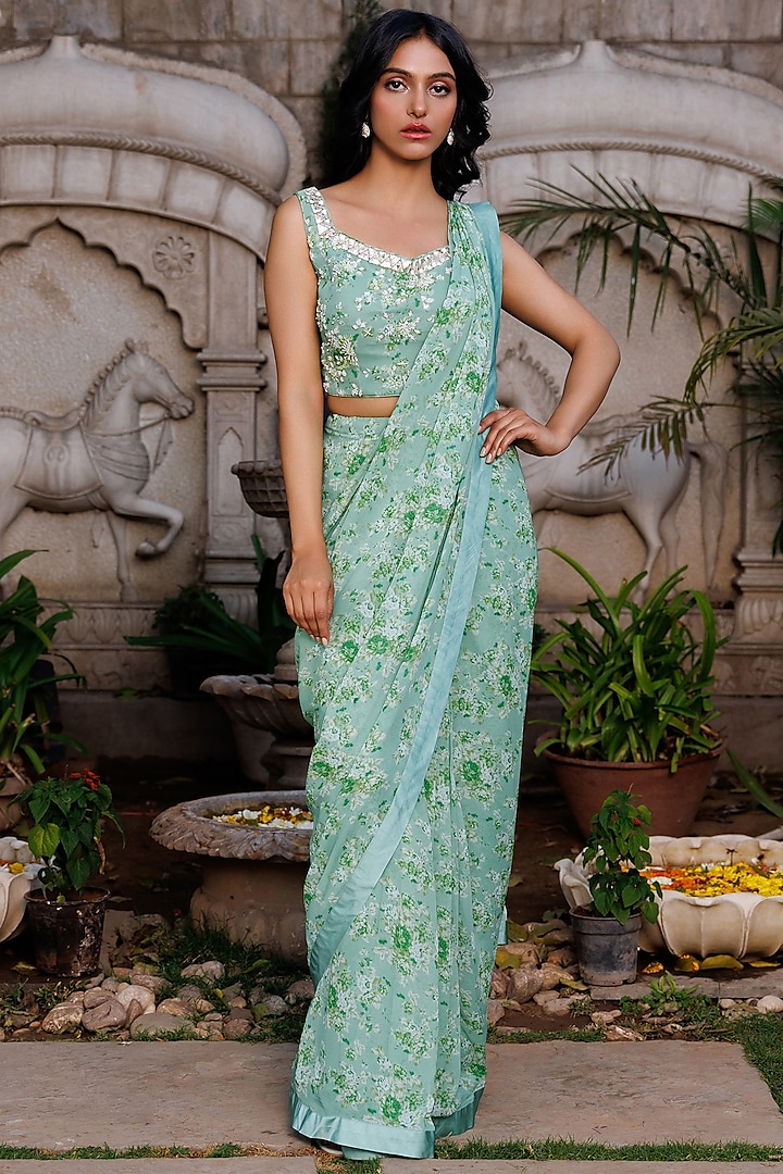 Green Georgette Pre-Draped Saree Set by Suruchi Parakh