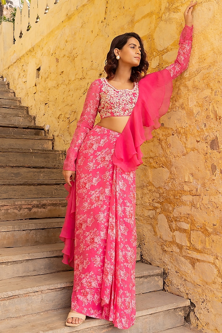 Pink Georgette Pre-Draped Skirt Saree Set by Suruchi Parakh